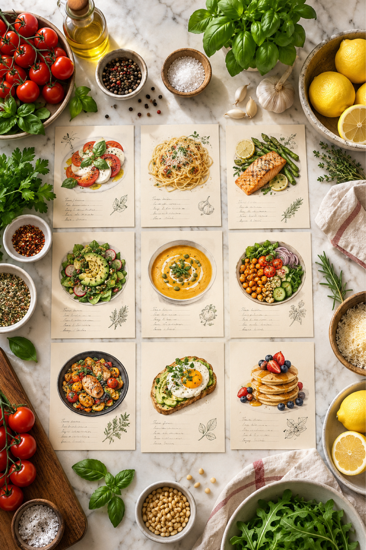 Recipe cards with illustrated dishes laid out on a kitchen counter